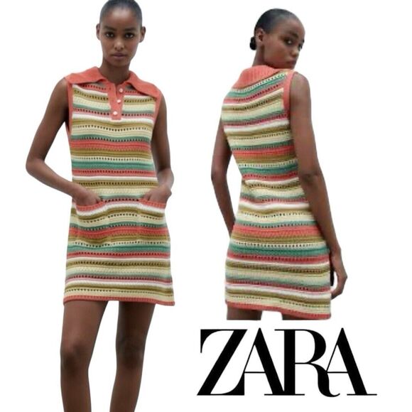 ZARA boho chic festival crochet mini dress with pockets‎ Size Large NWT